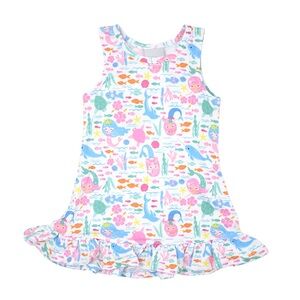 Flap Happy White Mermaid & Ocean Print Ruffle Hem Dress